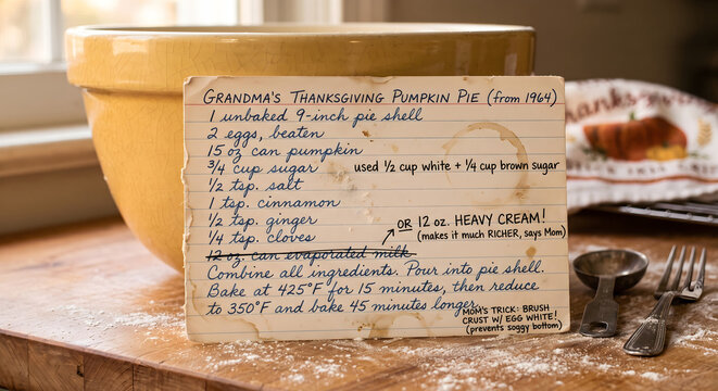 Horizontal close-up of a vintage handwritten Thanksgiving pumpkin pie recipe card leaning against a yellow mixing bowl on a flour-dusted wooden table, autumn holiday baking and family traditions conce
