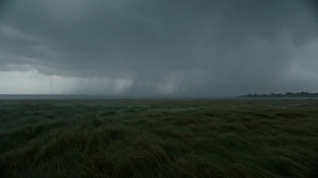 Dramatic Tornado Forming Over Open Field Under Dark Stormy Sky.