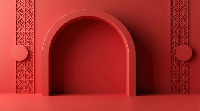Minimalist red arch stage display podium with geometric patterns. Empty pedestal interior space for product showcase. Modern clean backdrop for retail branding.