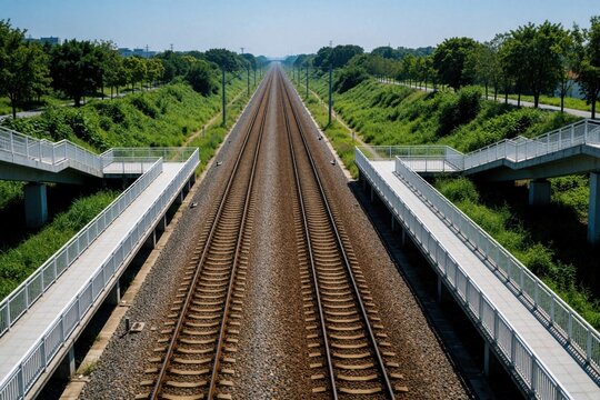 Empty train tracks stretch towards the horizon under a clear sky. Green hills and trees line the railway with modern pedestrian bridges flanking the path.