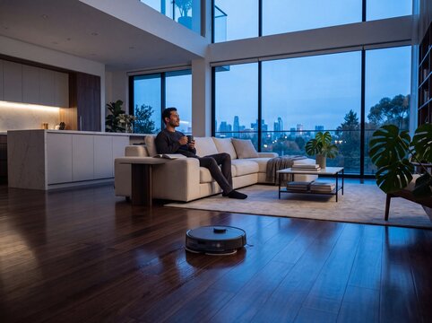 Young Professional Man Relaxing As Robot Mops Floor