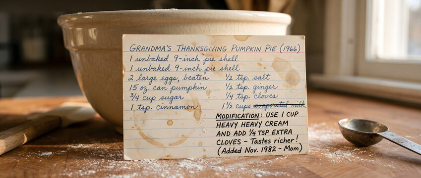 Horizontal close-up of a stained vintage handwritten recipe card for Thanksgiving pumpkin pie on a flour-dusted wooden kitchen table, autumn baking and family traditions concept