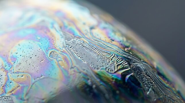 Close up view of an iridescent soap bubble surface with metallic texture on transparent background
