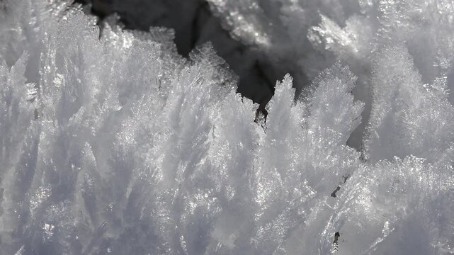 Ice frozen hoarfrost crystals frost close up rime surface pattern frigid cold icy. Crystal white phenomenon still micro extreme seasonal shapes climate geology freeze.