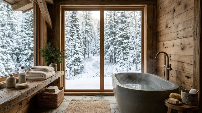 Rustic cabin bathroom with stone bathtub and snowy forest view
