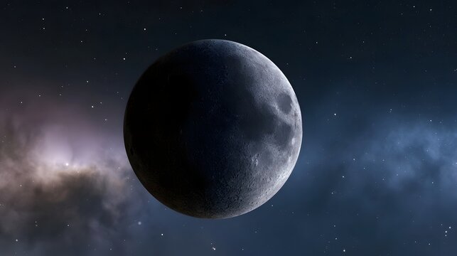 A detailed view of the moon s cratered surface against a star filled space backdrop with glowing nebulae