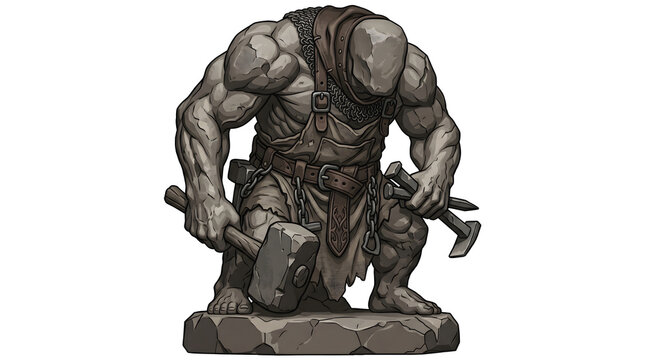 Muscular stone golem blacksmith holding massive hammer and tools is ready for fantasy game designs.