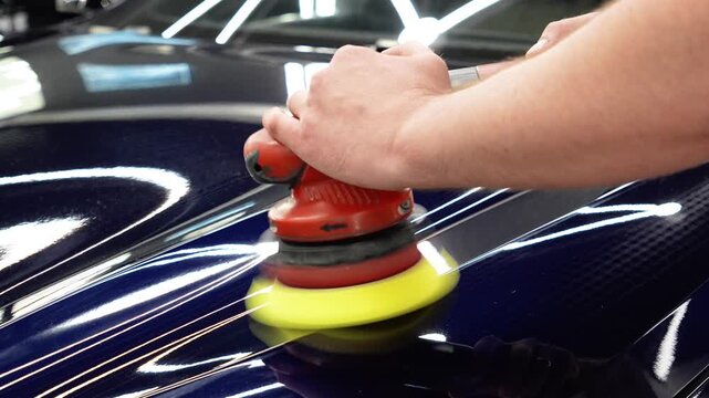 Professional car detailer worker polishes a luxury vehicle hood paint using an electric dual action orbital polishing machine tool with a yellow foam pad buffer in a garage workshop service.
