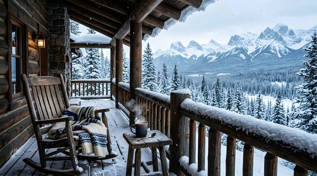 Wooden rocking chair on snowy cabin porch overlooking mountain range