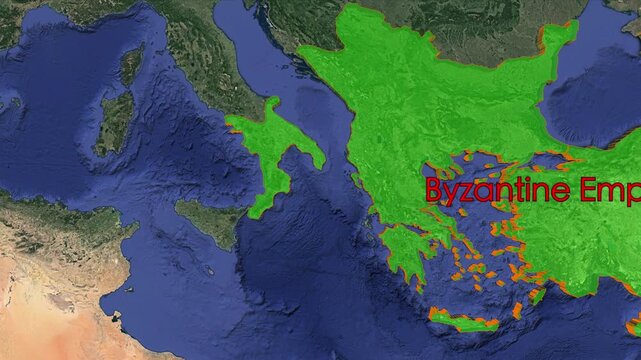 Byzantine Empire boundaries appear on rotating world map with historic geography imperial reach. Eastern Roman borders unfold in atlas style animation, documentary context cartographic detail.