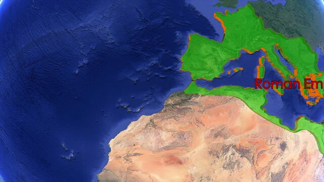 Roman Empire boundaries appear on a rotating world map with historic geography and political scope. Ancient imperial borders unfold in atlas style animation for documentary history.