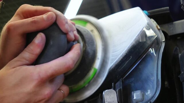 Car detailing technician sanding foggy plastic headlight close up, man hands using orbital sander machine with sandpaper for automotive headlamp restoration and scratch repair. 