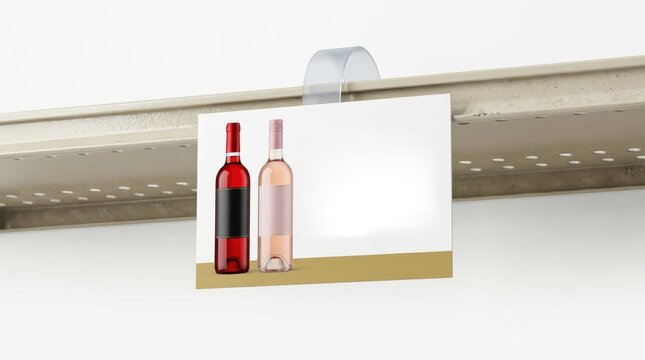 Supermarket shelf talker mockup displaying wine bottles on clean beige store shelf.