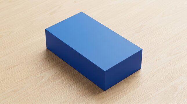Blue rectangular box mockup resting on textured light oak wood grain surface background.