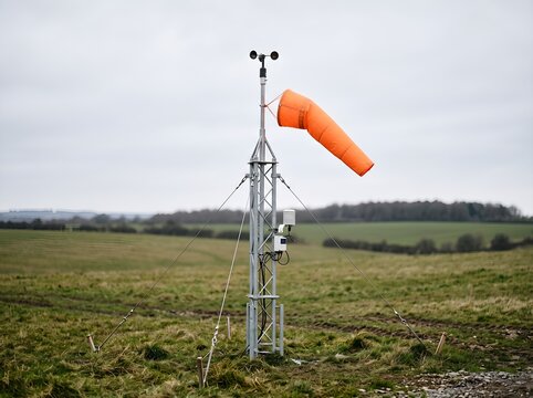 Meteorological weather station with orange windsock in a rural field