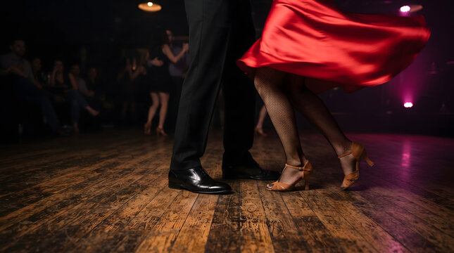 Couple dancing tango in nightclub with vibrant red dress