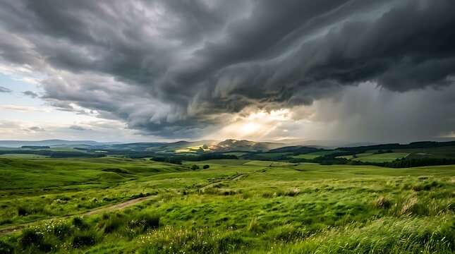 Storm clouds gathering over a grassy rolling countryside landscape on transparent background