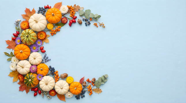 Crescent moon shape made of colorful autumn pumpkins and fall flowers on a light blue background