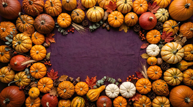 Top view of a festive autumn frame made with various colorful pumpkins on dark purple background