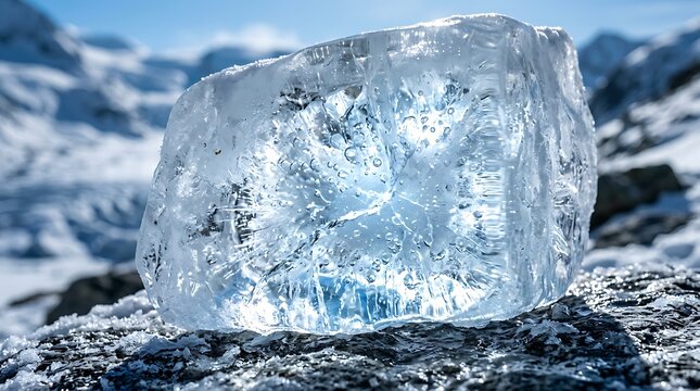Large block of clear ice illuminated by sunlight on a snowy mountain on transparent background