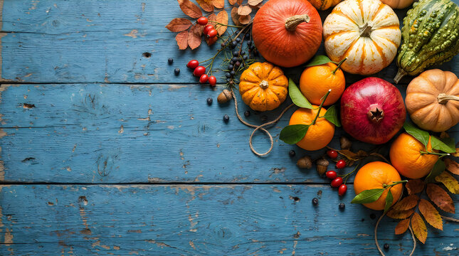 Assorted pumpkins and autumn harvest vegetables arranged on a rustic blue wooden background for fall season