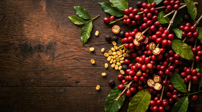 Fresh red coffee cherries and scattered raw coffee beans on a rustic dark wooden table background