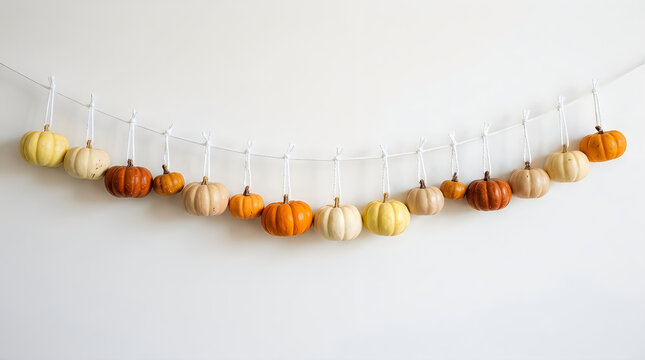 A festive garland made of small felt pumpkins hanging against a clean plain white background wall