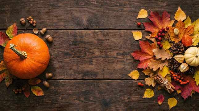 Top view of orange pumpkin and colorful autumn leaves on a rustic dark wooden background surface