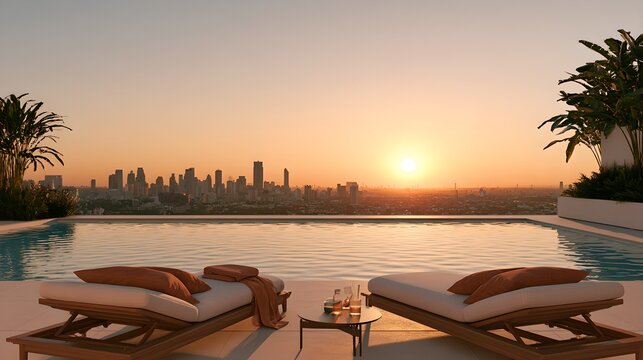 Rooftop Infinity Pool Sun Loungers City Skyline Sunset Background Luxury Travel Concept Copy Space