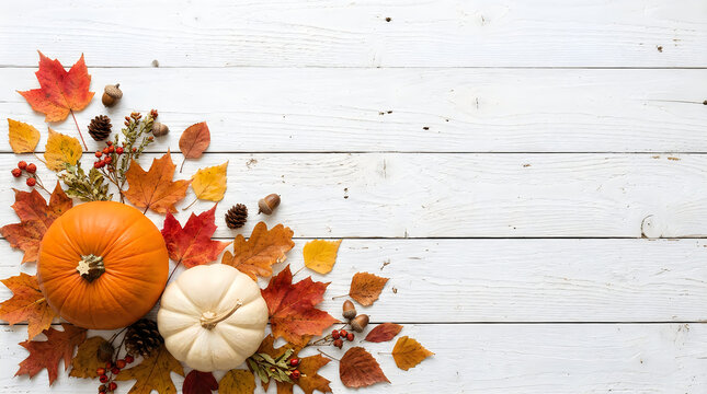 Orange and white pumpkins with colorful autumn leaves on a rustic white wooden table background top