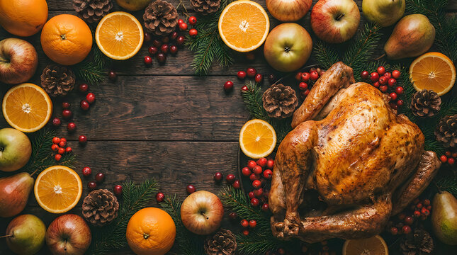 Roasted whole turkey surrounded by fresh seasonal fruits and berries on a dark rustic wooden background