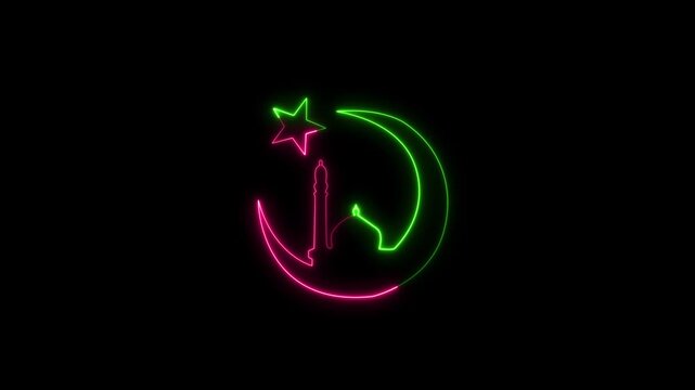 Neon crescent moon and mosque with star for Ramadan