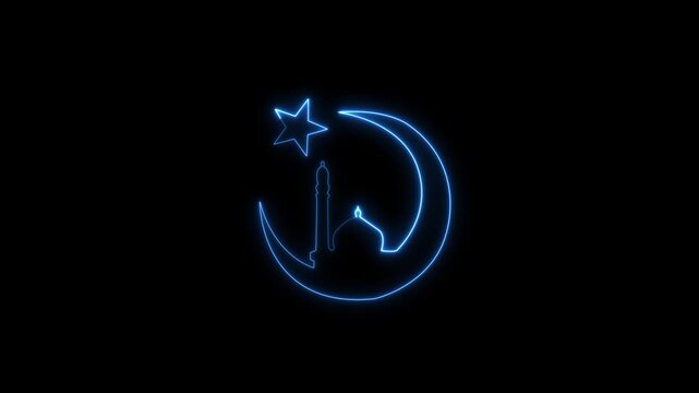 Neon blue crescent moon and mosque icon for Islam