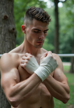 A shirtless man flexing his bicep.