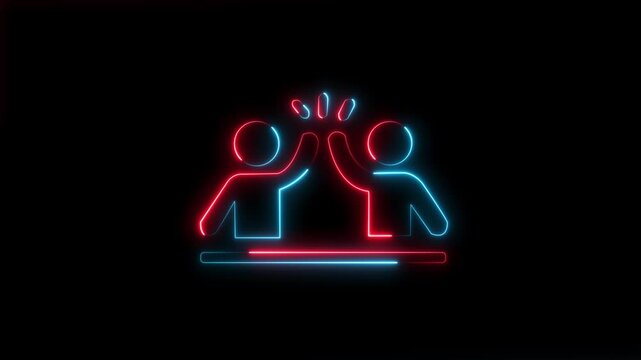 Red and blue neon high five teamwork icon glowing