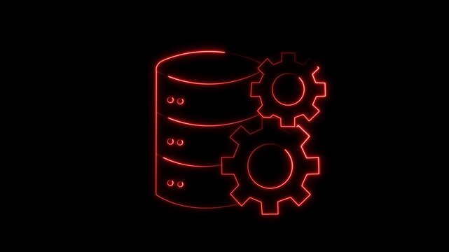 Red neon database server icon with gears