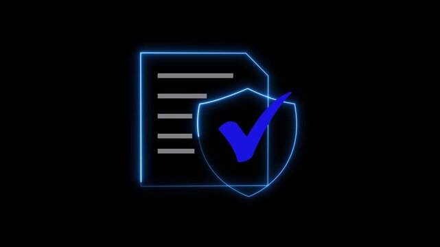 Blue neon document with shield and checkmark