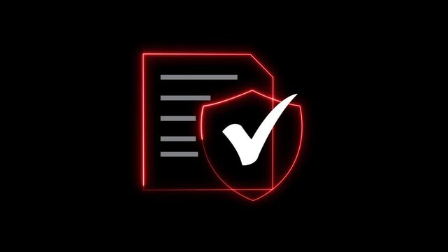 Red neon document with shield and checkmark