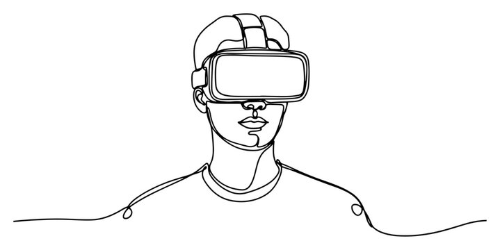 Young Man Wearing Virtual Reality VR Headset Goggles Single Continuous Line Art, Metaverse and Future Technology Concept, Gamer and Digital Simulation Minimalist Vector Illustration