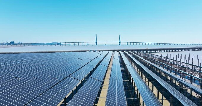 Rows of solar panels stand above coastal waters under clear blue sky with a long cable-stayed bridge and steel frames under bright sunlight.