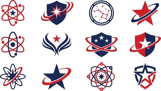 Set of twelve patriotic red and blue vector icons featuring stars shields and orbital science elements
