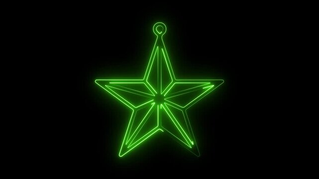 Green neon five pointed star ornament on black background glowing light 4k video.