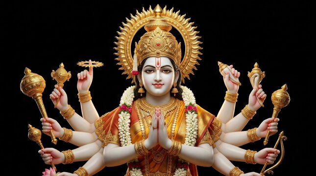 Hindu deity with multiple arms isolated on black background