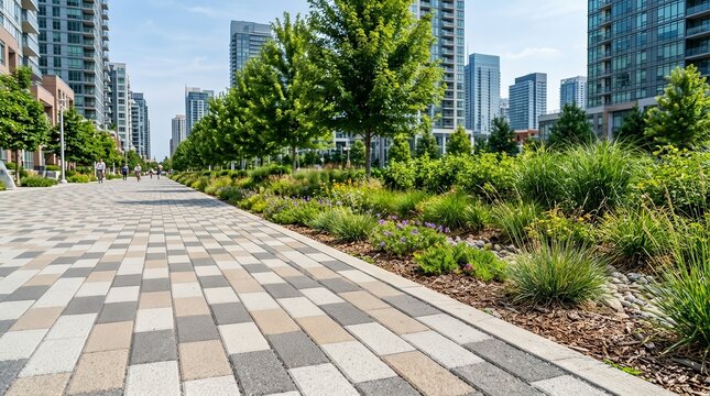 Permeable paver bioswale with interlocking stone pavement and planted swale for stormwater management.