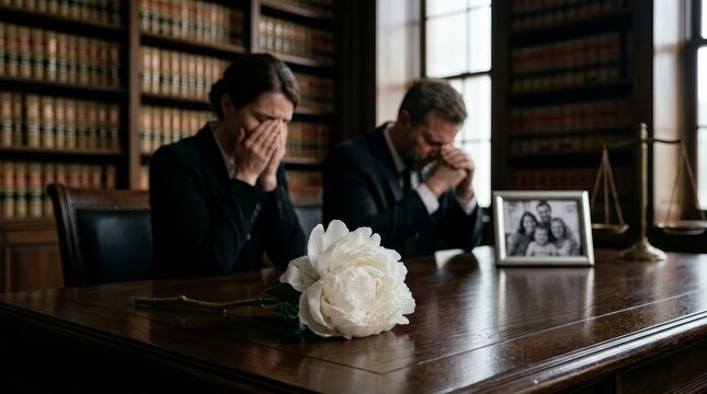 White flower on a wooden table with blurred scales of justice and a family photo for wrongful death.