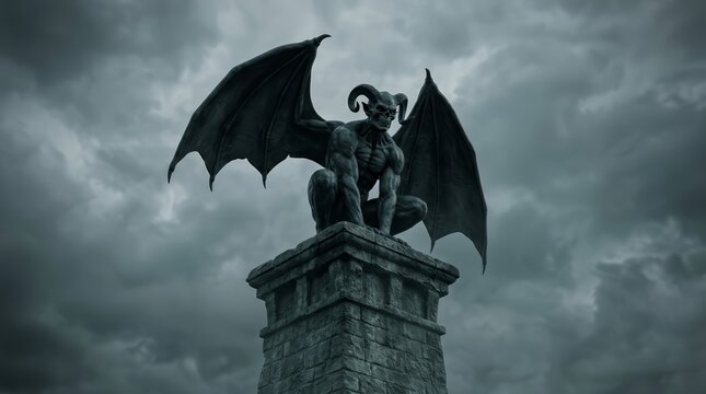 A winged horned creature statue perched on top of a stone tower.