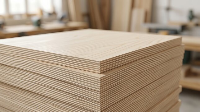 Stacked sheets of cut plywood showing layered edges and natural wood grain.