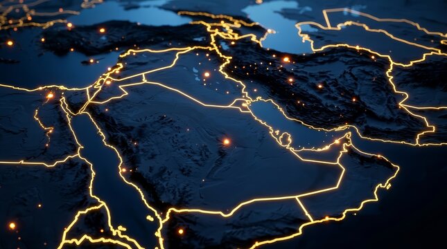 3D render of the Middle East geography highlighting strategic importance with golden illumination.