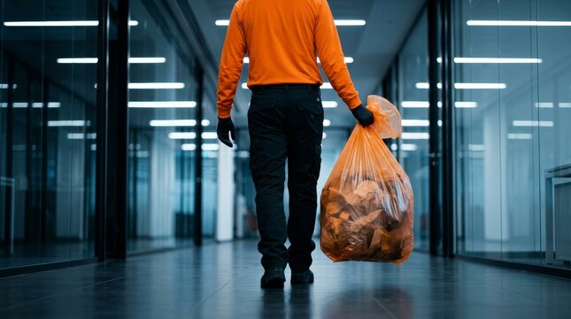A janitor walking through a modern office while handling waste in an orange bag.