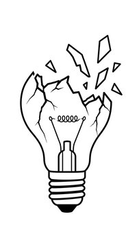 Broken light bulb icon representing a failed idea or electricity outage with broken lightbulb shattered bulb power failure cracked glass innovation failure electric light black outline